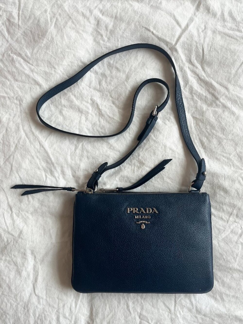 Prada Baltico Vitello Phenix leather double zip crossbody bag, blue